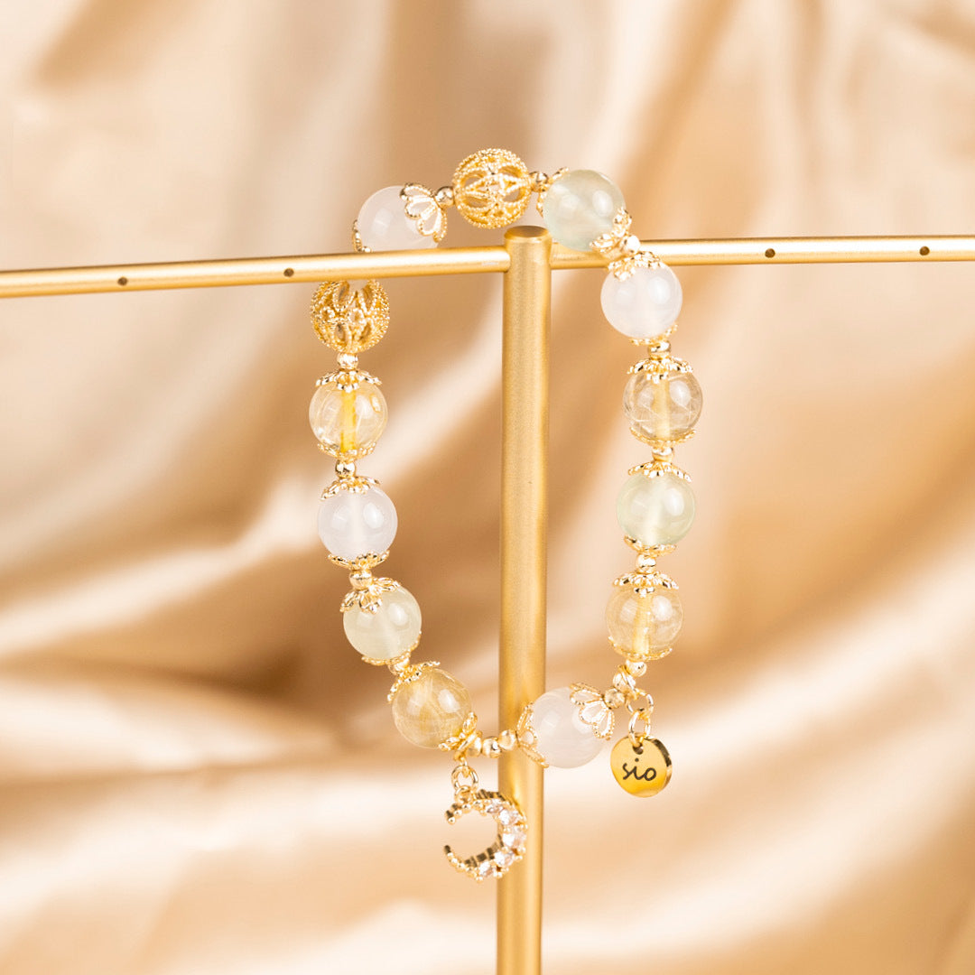 【月野】阿提米絲的新月冠-葡萄石白瑪瑙金髮晶水晶手鍊/水晶手串