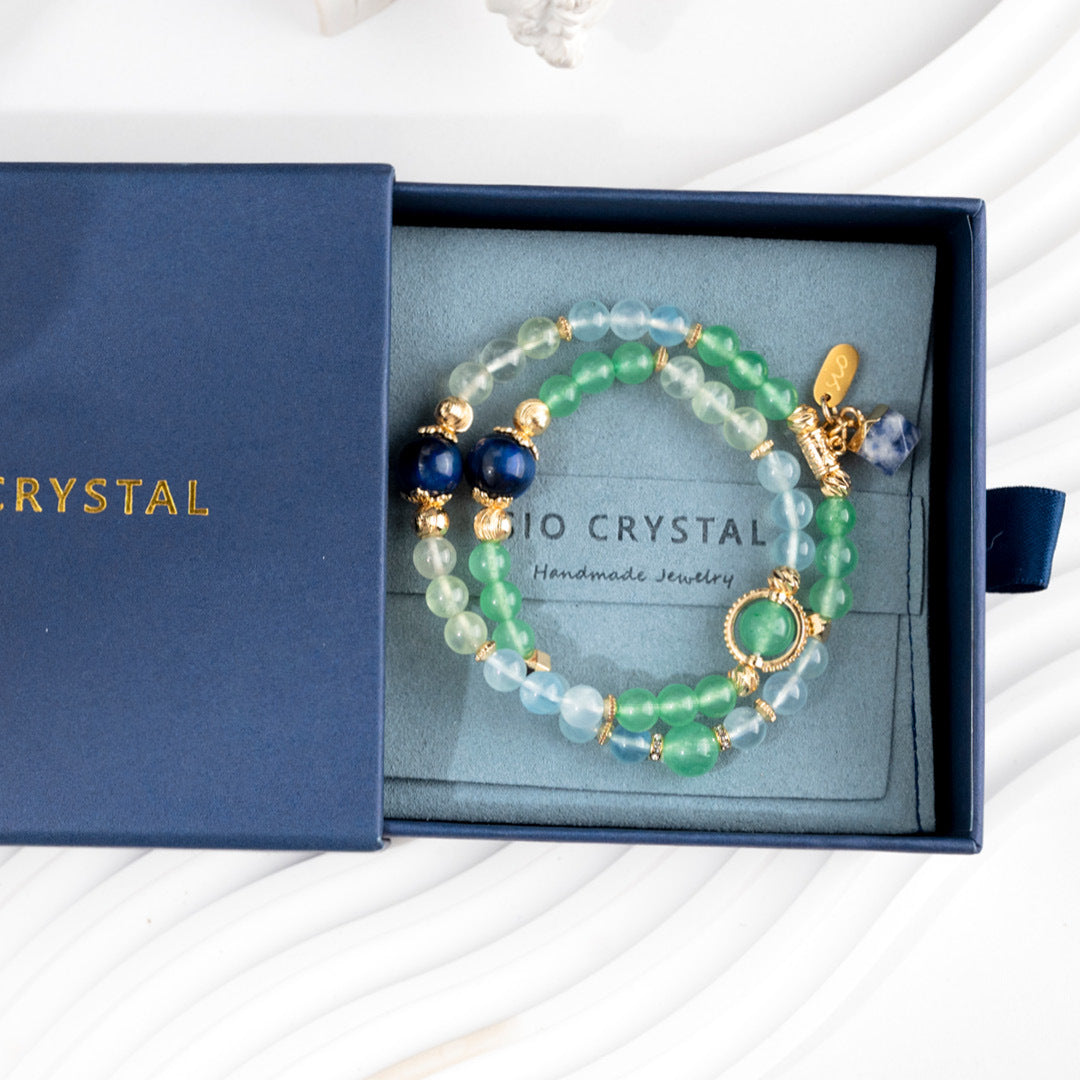【纏綿】碧草如茵-藍虎眼石綠東陵海藍寶葡萄石雙圈手鍊