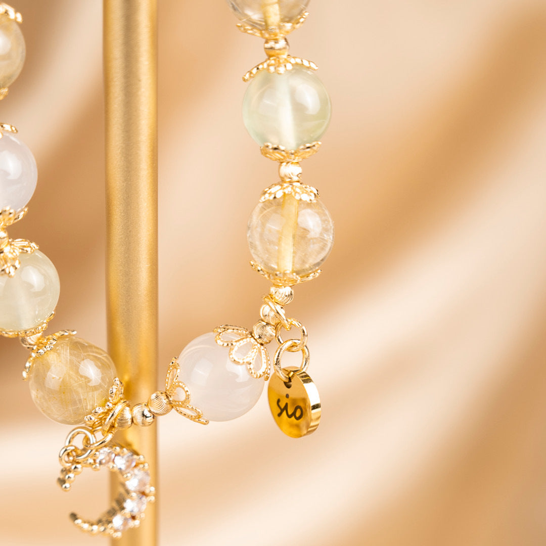 【月野】阿提米絲的新月冠-葡萄石白瑪瑙金髮晶水晶手鍊/水晶手串