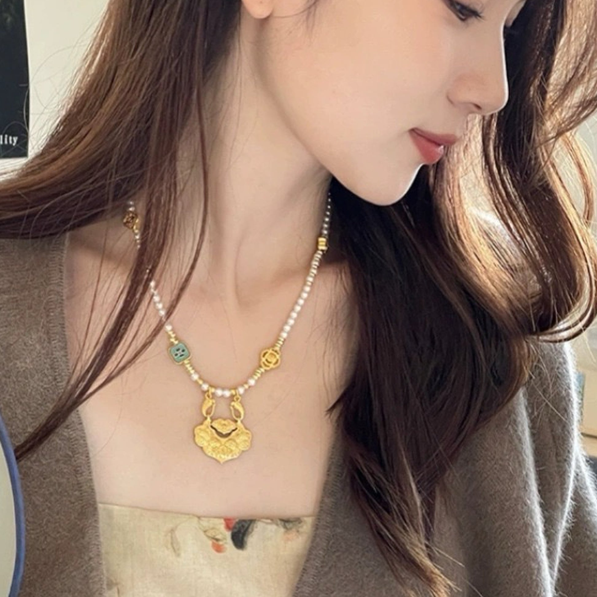 【錦鯉】新中式古法金平安如意鎖貝珠項鍊