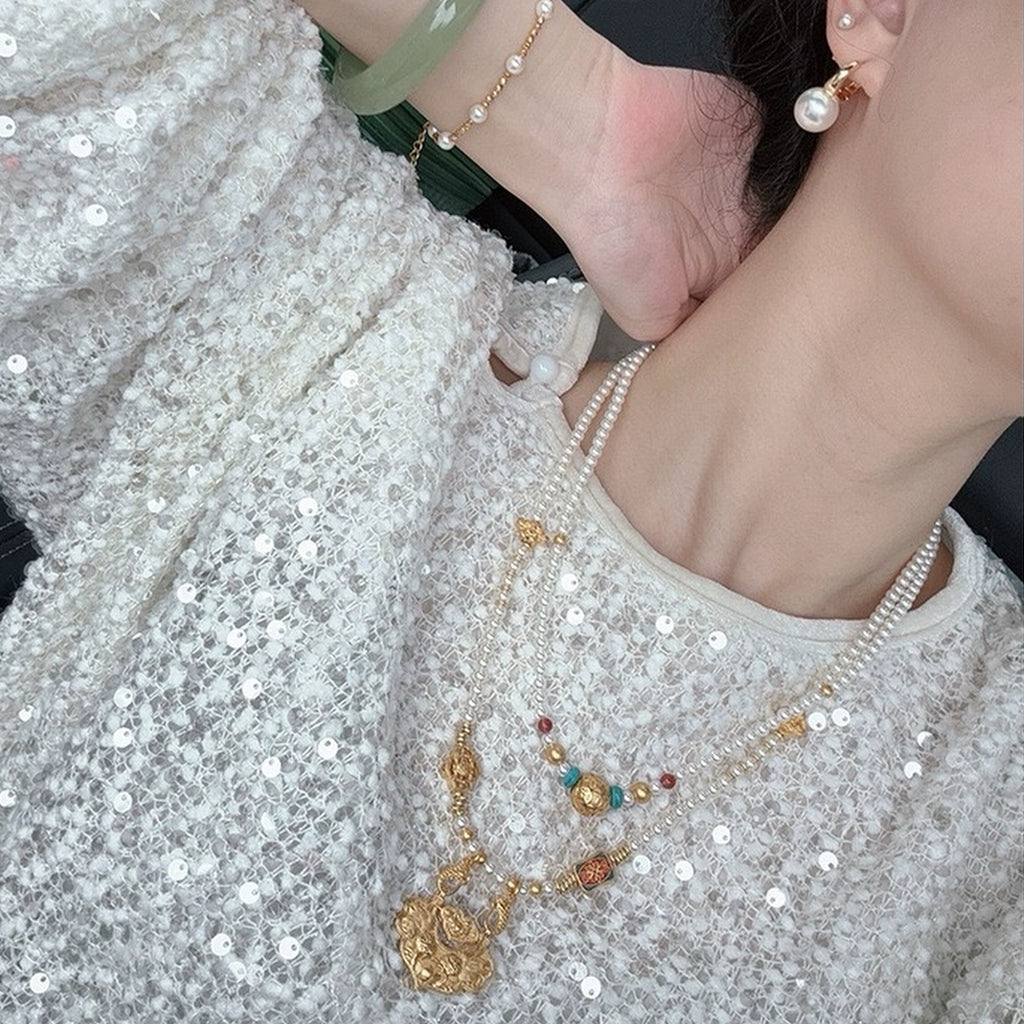 【錦鯉】新中式古法金平安如意鎖貝珠項鍊