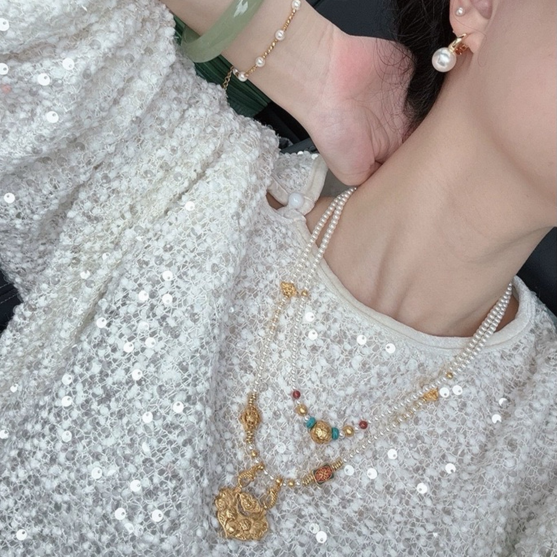 【錦鯉】新中式古法金平安如意鎖貝珠項鍊