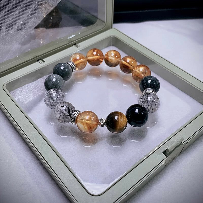 【曜力之環】金字塔黃水晶×灰髮晶×鷹眼石能量手鍊