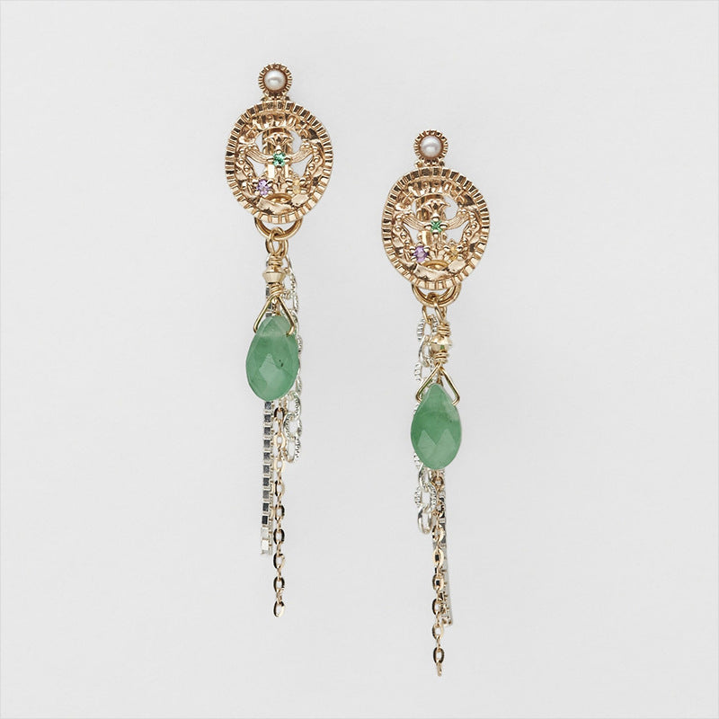 【輕奢】海神波塞冬的珍寶-14K金+925純銀紫水晶綠玉隨流蘇耳環