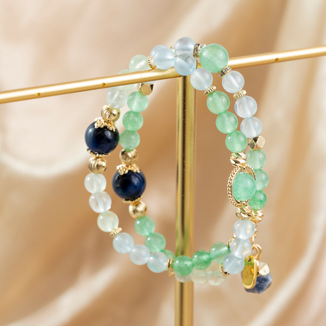 【纏綿】碧草如茵-藍虎眼石綠東陵海藍寶葡萄石雙圈手鍊