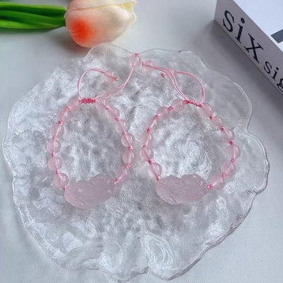 【桃花貔貅】馬達加斯加粉水晶貔貅+白月光石 (彈性/編織/拉伸)水晶手鍊/水晶手串