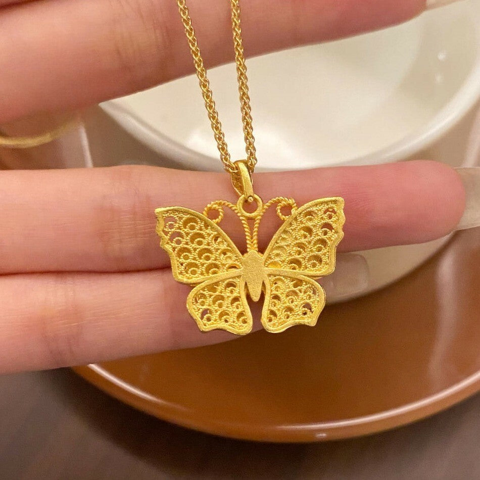 【金輝】鏤空絲花蝴蝶古法沙金福蝶項鍊