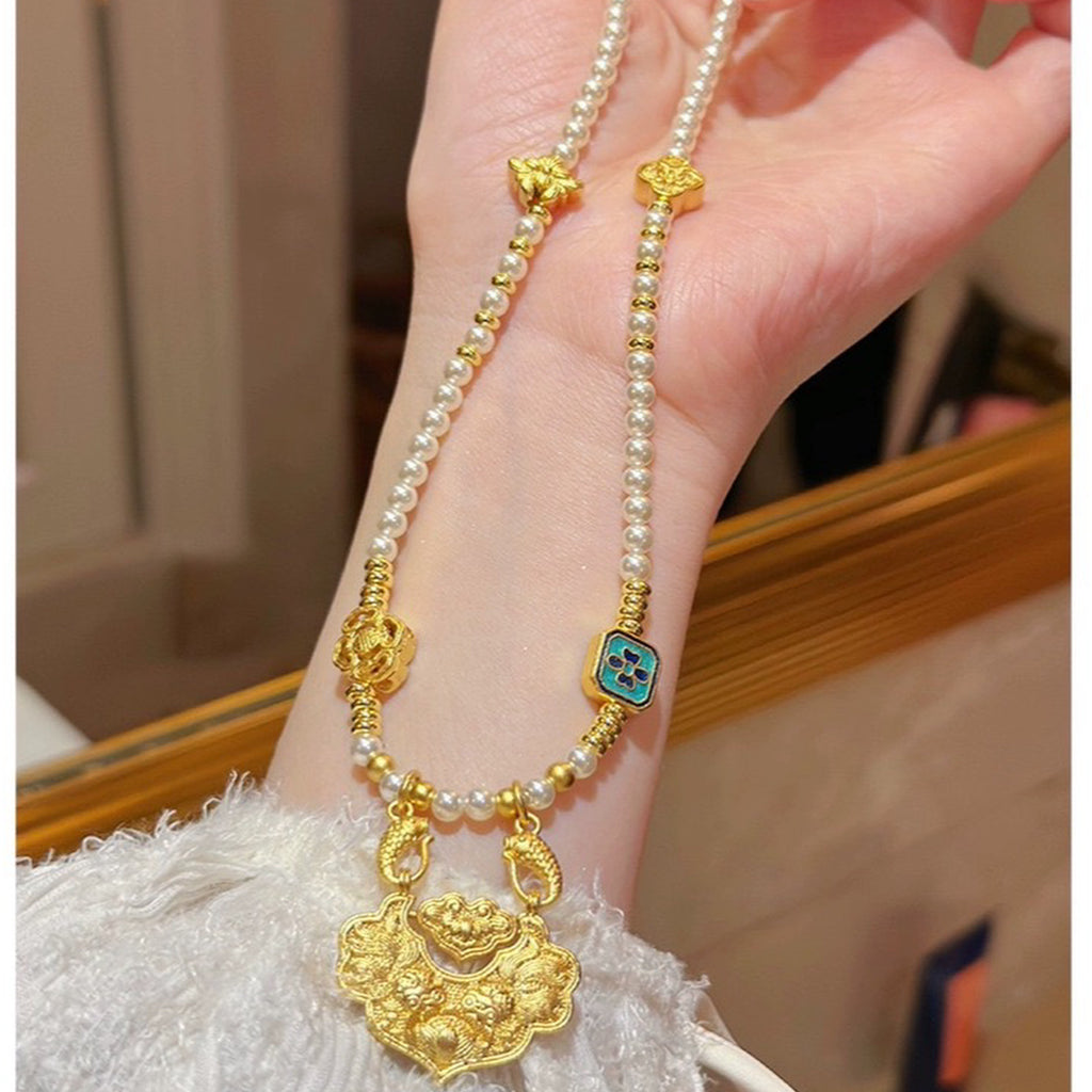 【錦鯉】新中式古法金平安如意鎖貝珠項鍊