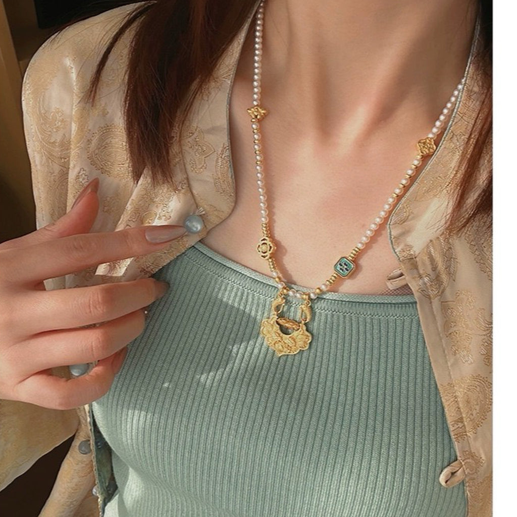 【錦鯉】新中式古法金平安如意鎖貝珠項鍊