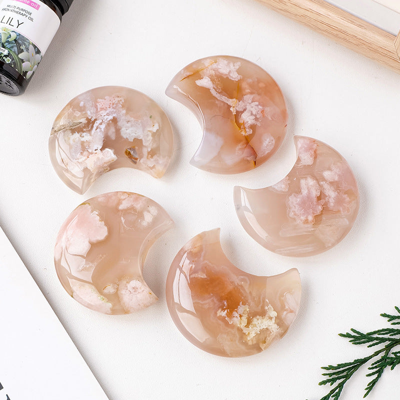 【礦藏】原礦櫻花瑪瑙月亮/隨身攜帶手把件(附絨布袋)