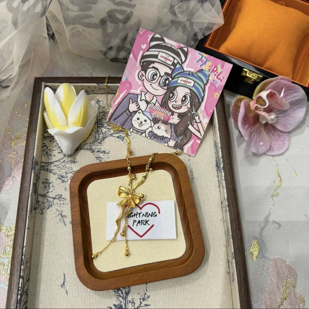【金輝】蝴蝶結流蘇古法沙金氣質鎖骨鍊/項鍊