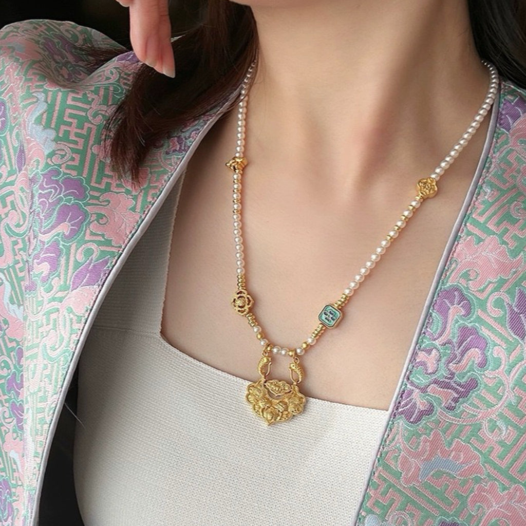 【錦鯉】新中式古法金平安如意鎖貝珠項鍊