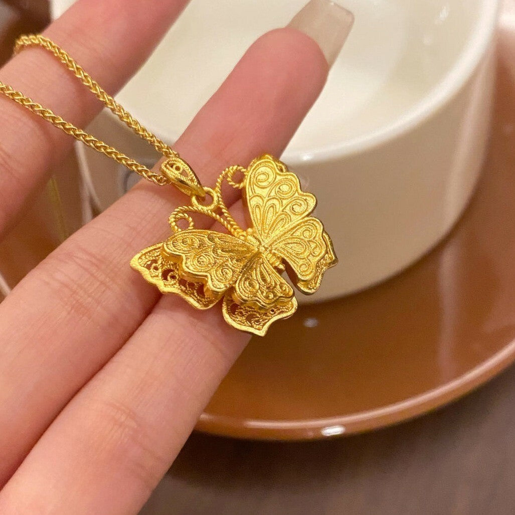 【金輝】鏤空絲花蝴蝶古法沙金福蝶項鍊