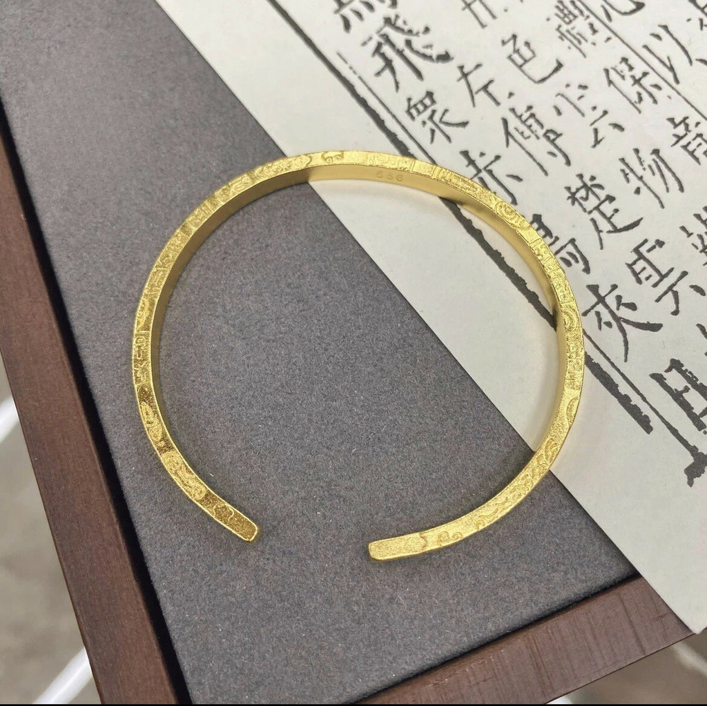 【金輝】古法手工鑒刻吉祥招財經文沙金開口手鐲