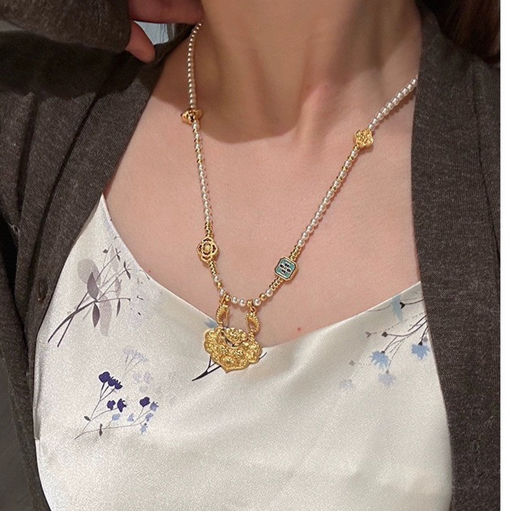 【錦鯉】新中式古法金平安如意鎖貝珠項鍊