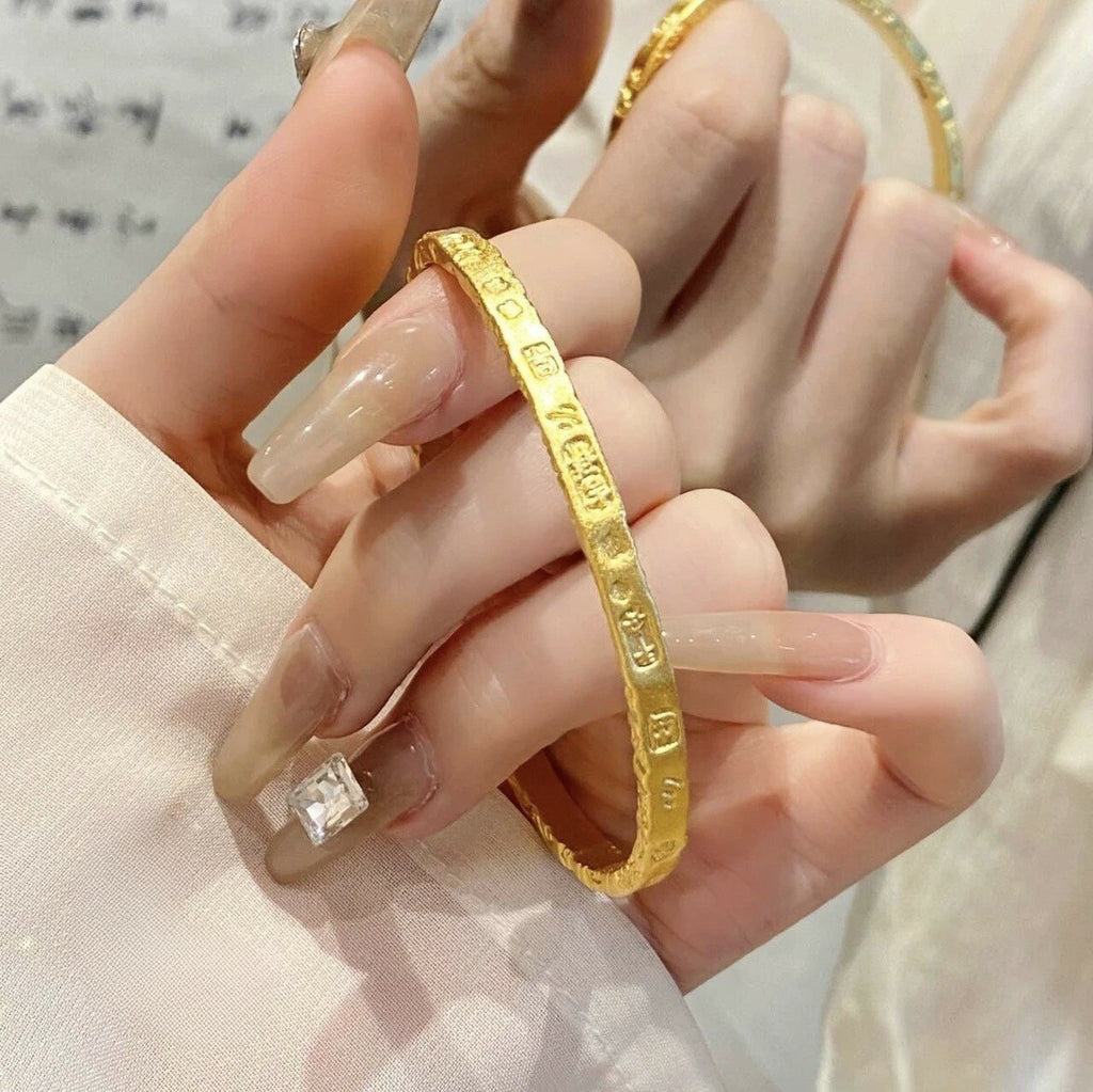 【金輝】古法手工鑒刻吉祥招財經文沙金開口手鐲