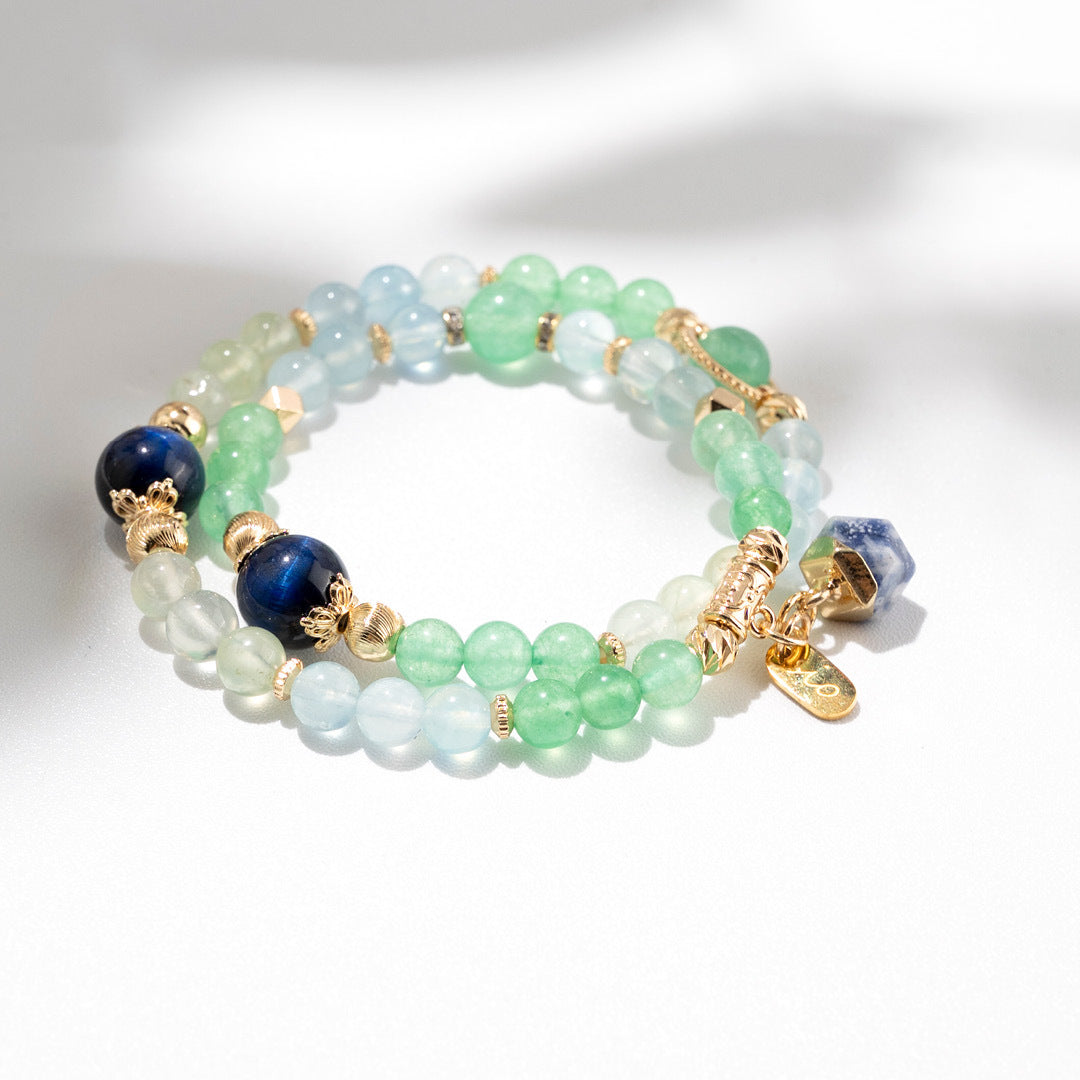 【纏綿】碧草如茵-藍虎眼石綠東陵海藍寶葡萄石雙圈手鍊