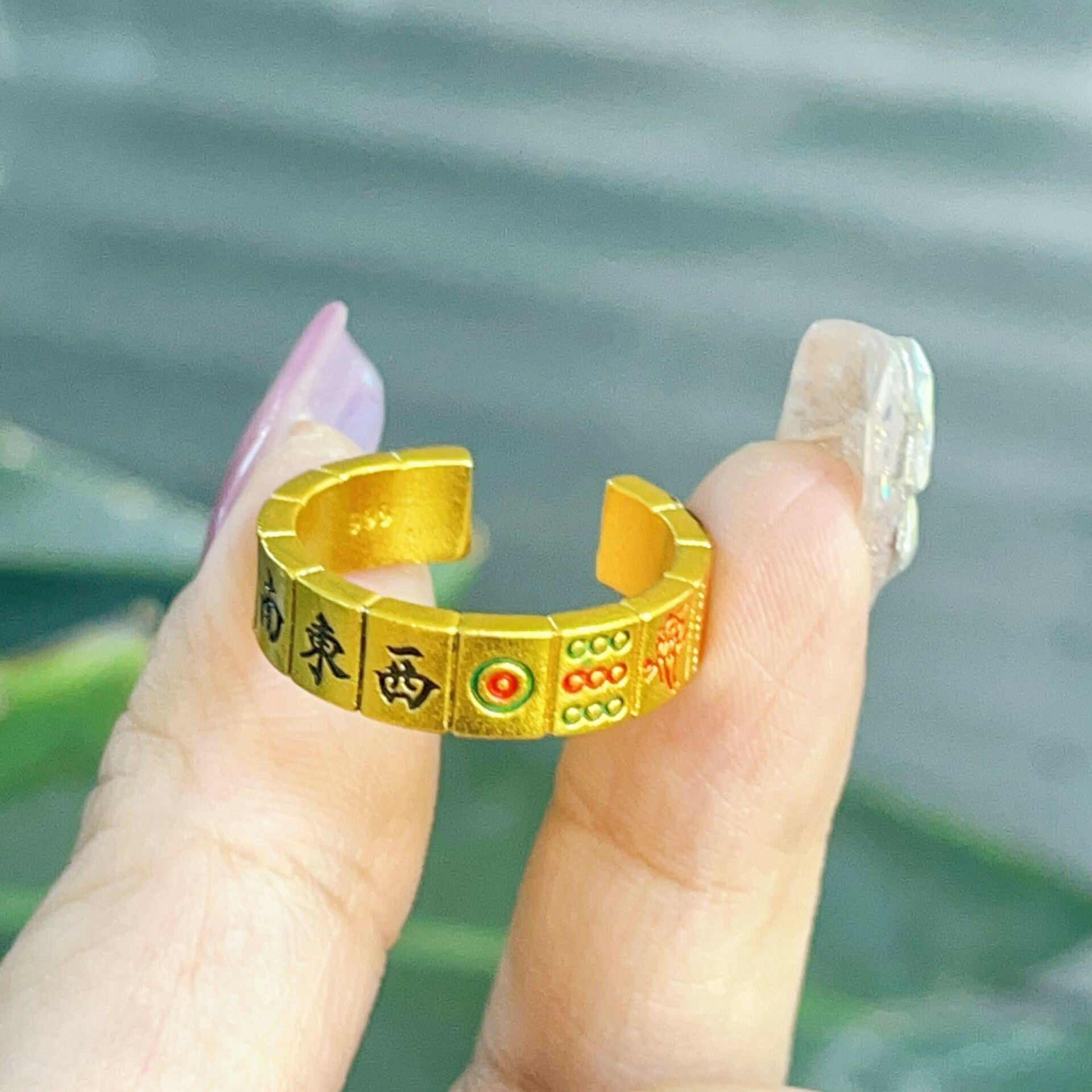 【金輝】十三么琺瑯麻將一定胡古法沙金開口戒指