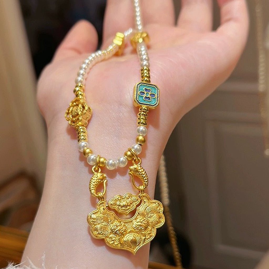 【錦鯉】新中式古法金平安如意鎖貝珠項鍊