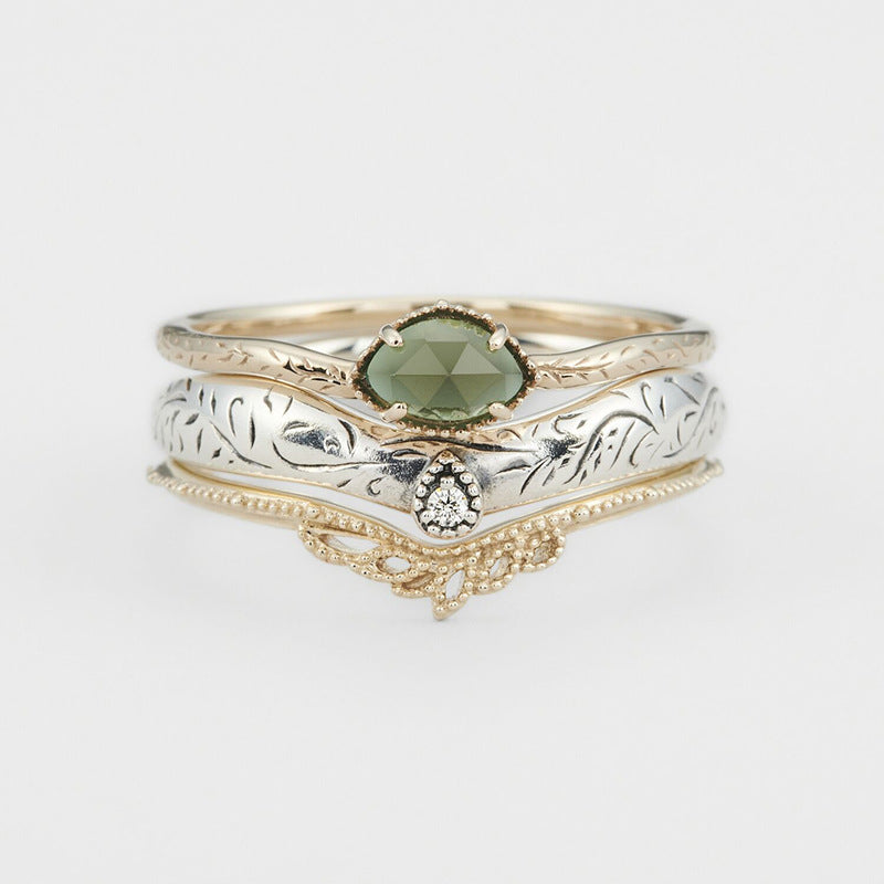 【輕奢】古韻翠葉-S925銀+14K金綠玉髓戒指三件套