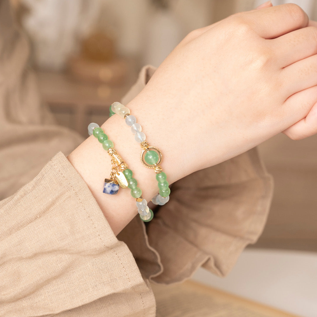 【纏綿】碧草如茵-藍虎眼石綠東陵海藍寶葡萄石雙圈手鍊