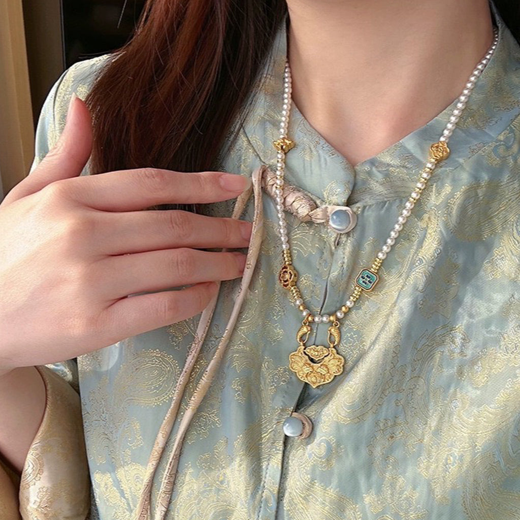 【錦鯉】新中式古法金平安如意鎖貝珠項鍊