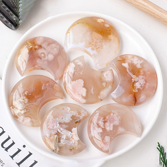 【礦藏】原礦櫻花瑪瑙月亮/隨身攜帶手把件(附絨布袋)