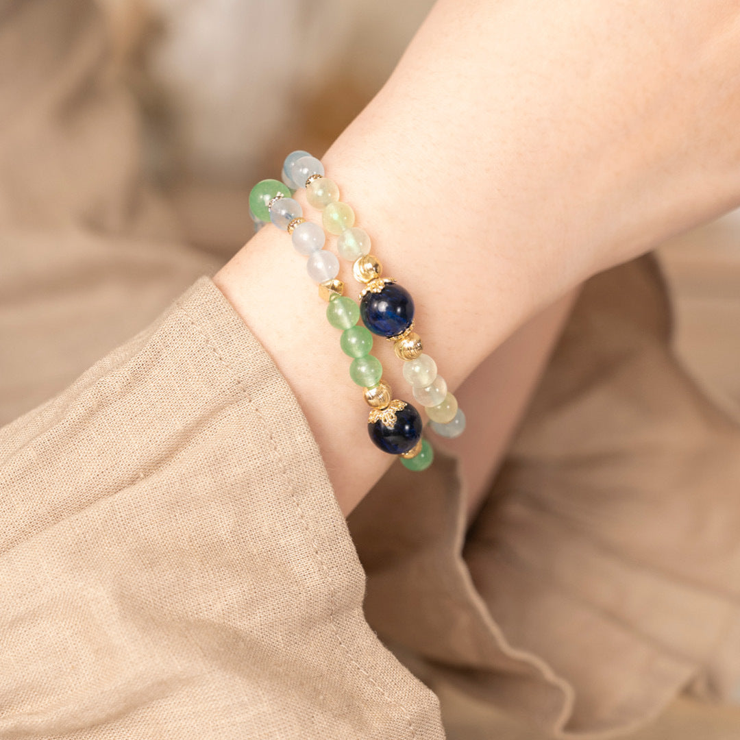 【纏綿】碧草如茵-藍虎眼石綠東陵海藍寶葡萄石雙圈手鍊