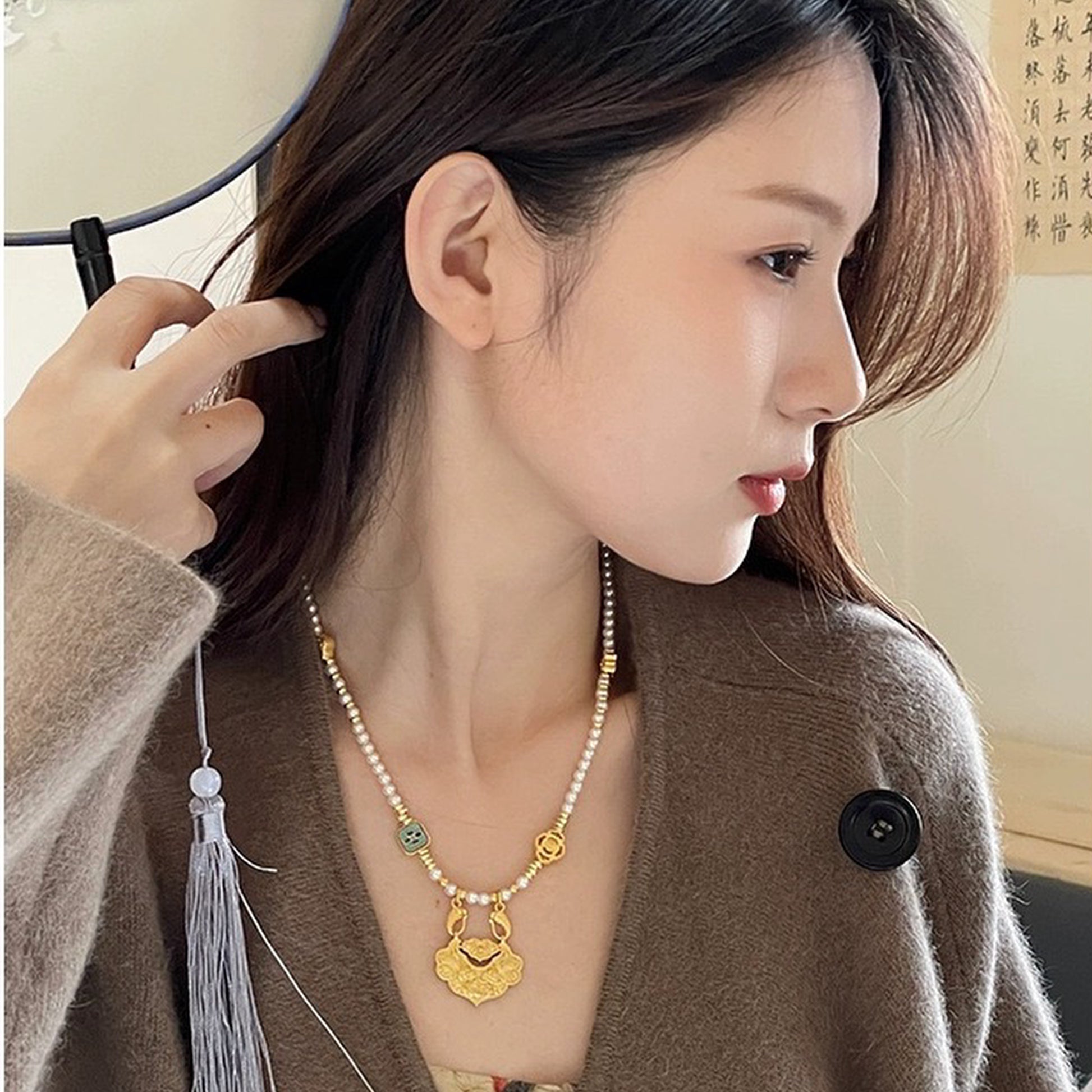 【錦鯉】新中式古法金平安如意鎖貝珠項鍊