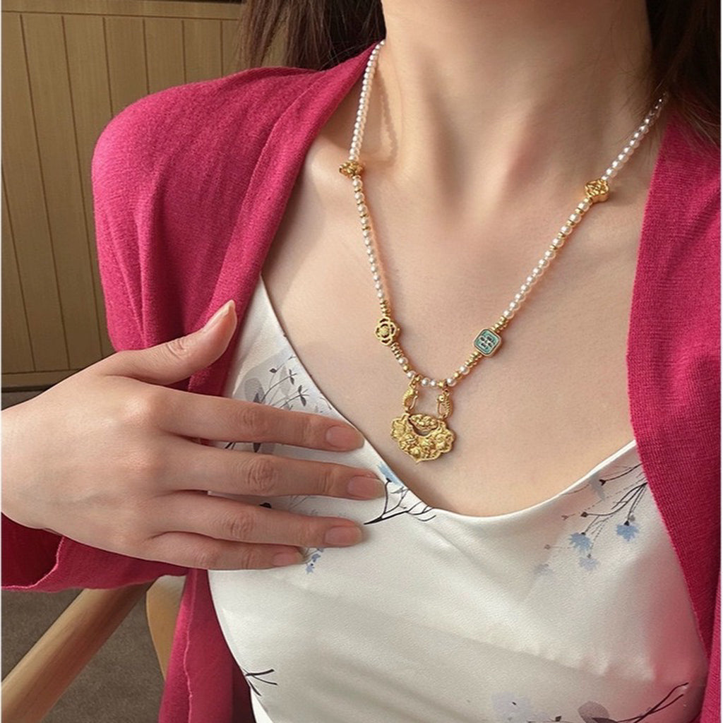 【錦鯉】新中式古法金平安如意鎖貝珠項鍊