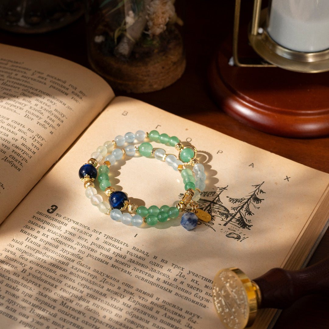 【纏綿】碧草如茵-藍虎眼石綠東陵海藍寶葡萄石雙圈手鍊